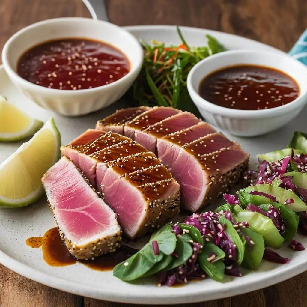 Ahi tuna paired with a fresh green salad and citrus dressing