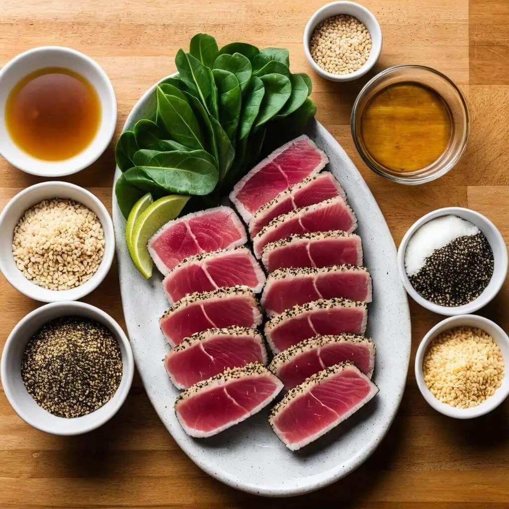 Fresh spinach, sesame seeds, soy sauce, and tuna slices on a platter