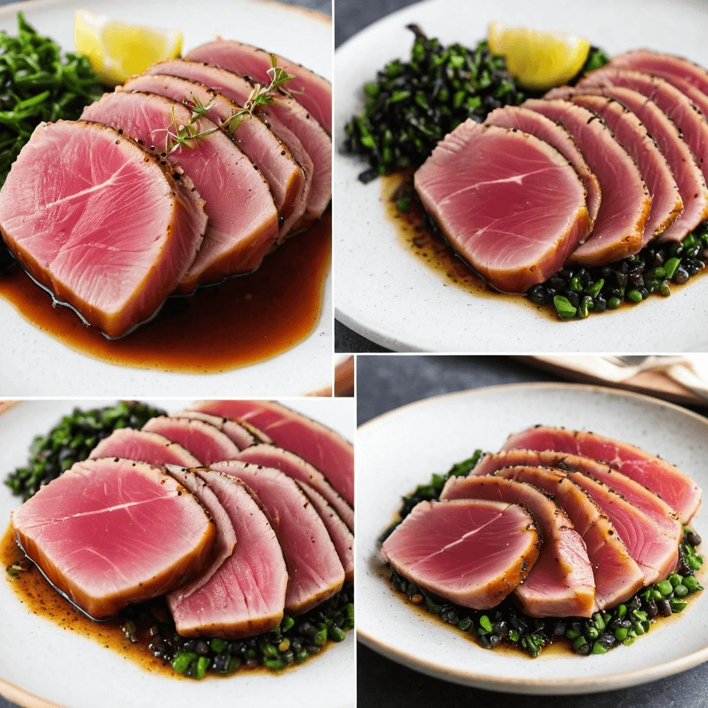 Seared tuna slices drizzled with soy glaze on greens