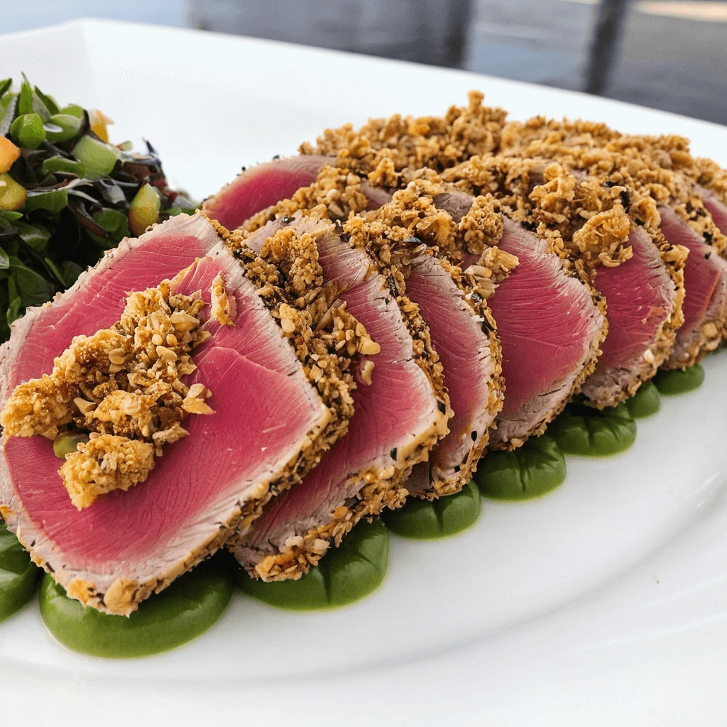 Close-up of sesame-crusted ahi tuna slices