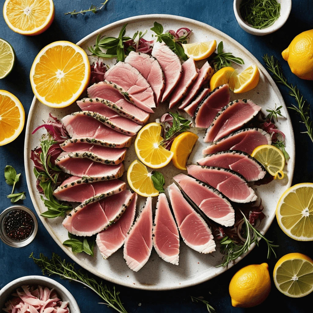 Plated ahi tuna slices with lemon and lime garnish