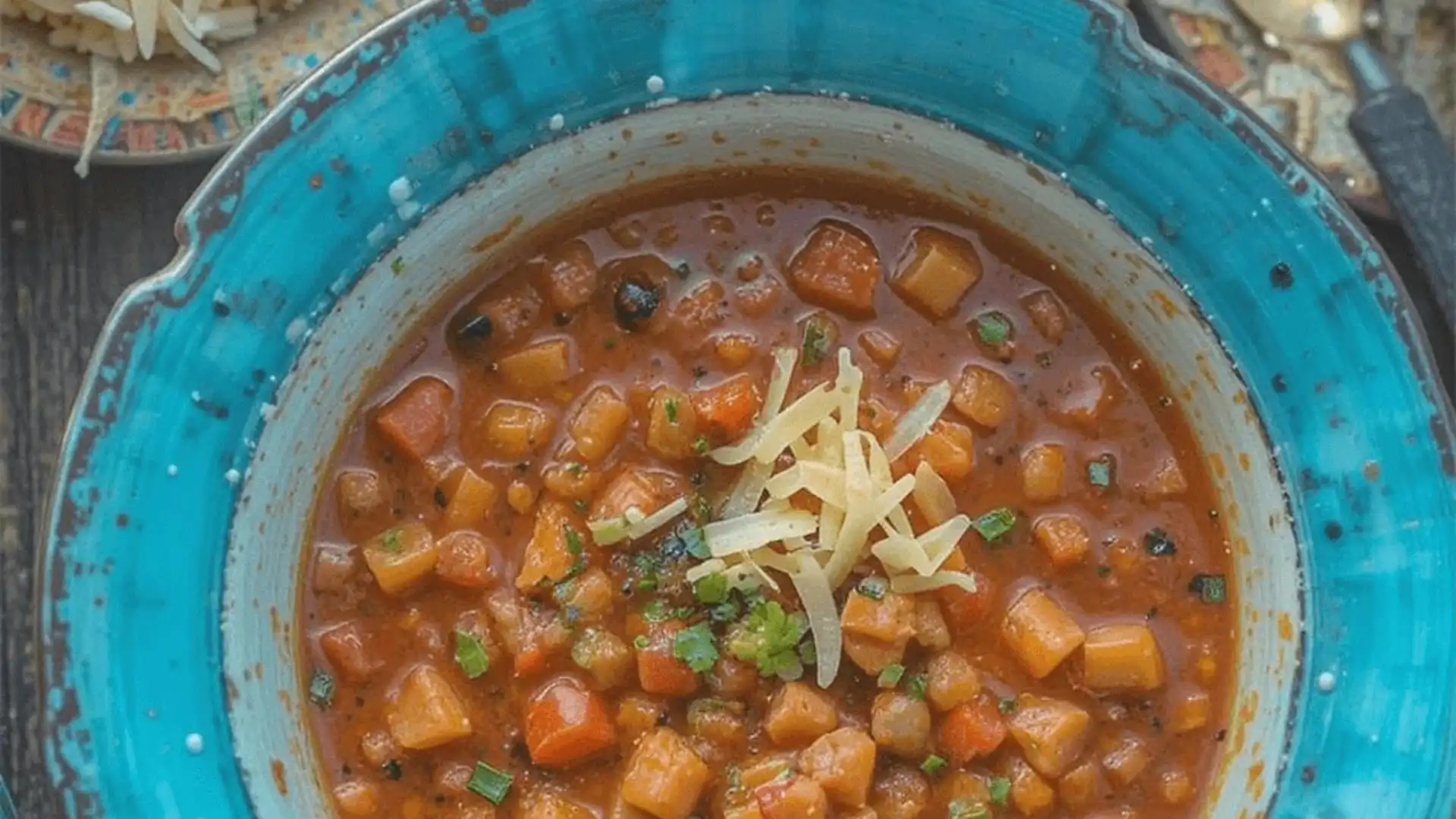 A vibrant bowl of taco soup frios recipe served in a rustic turquoise bowl, featuring a rich tomato-based broth with diced vegetables and garnished with shredded cheese and fresh herbs.