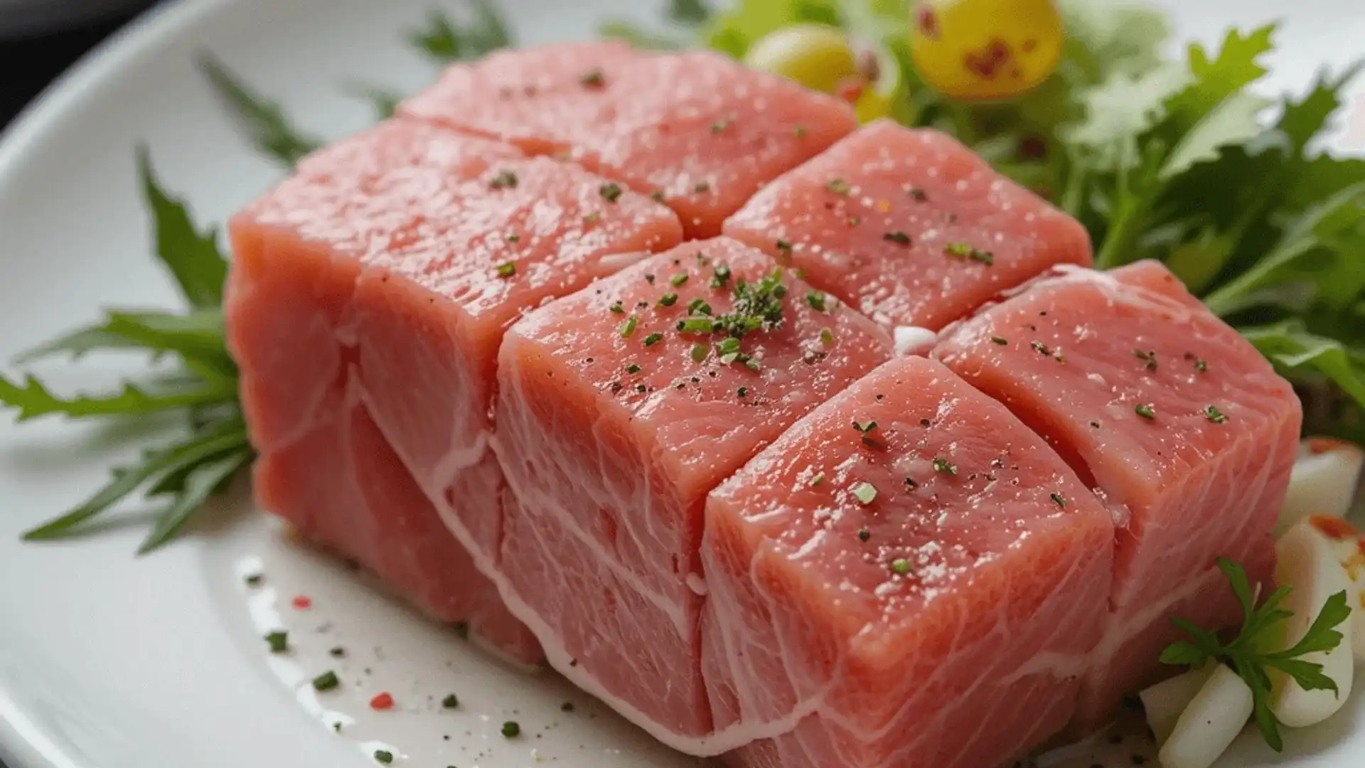 Fresh tuna cubes garnished with herbs and seasoning