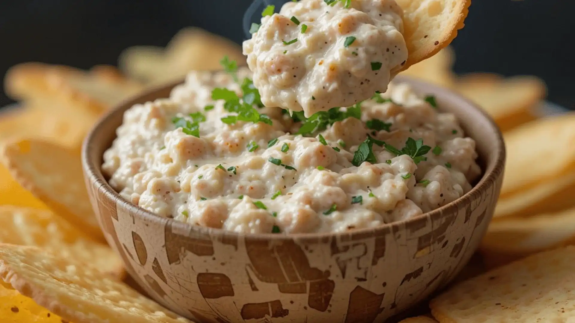 Tuna dip with crackers and parsley garnish
