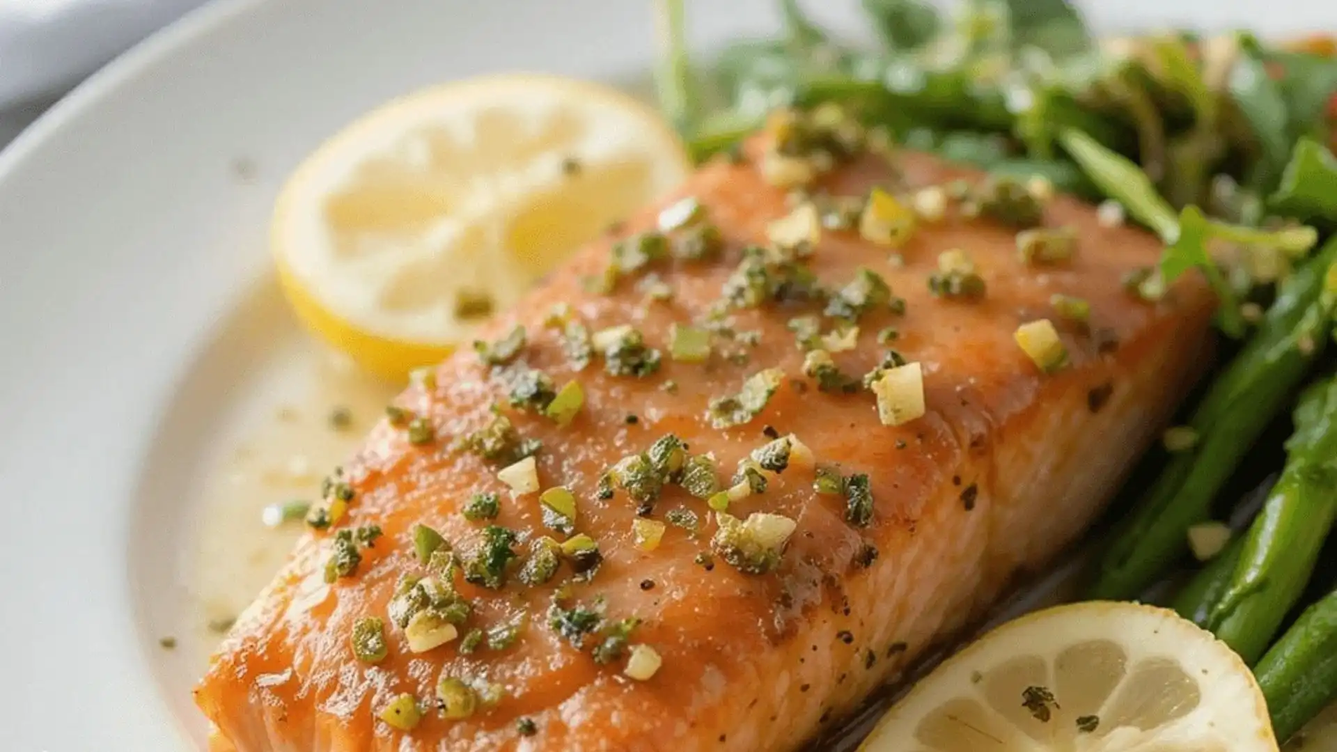Grilled salmon fillet with lemon slices and a herb topping served with steamed vegetables