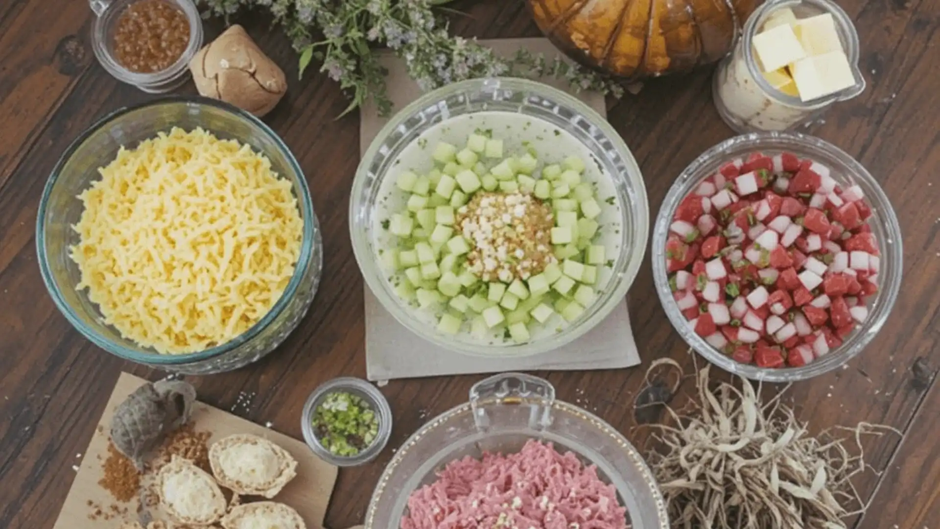 An overhead view of fresh ingredients for a taco soup frios recipe with ground beef, including grated cheese, diced vegetables, aromatic herbs, and ground beef, ready to create a hearty and flavorful dish.