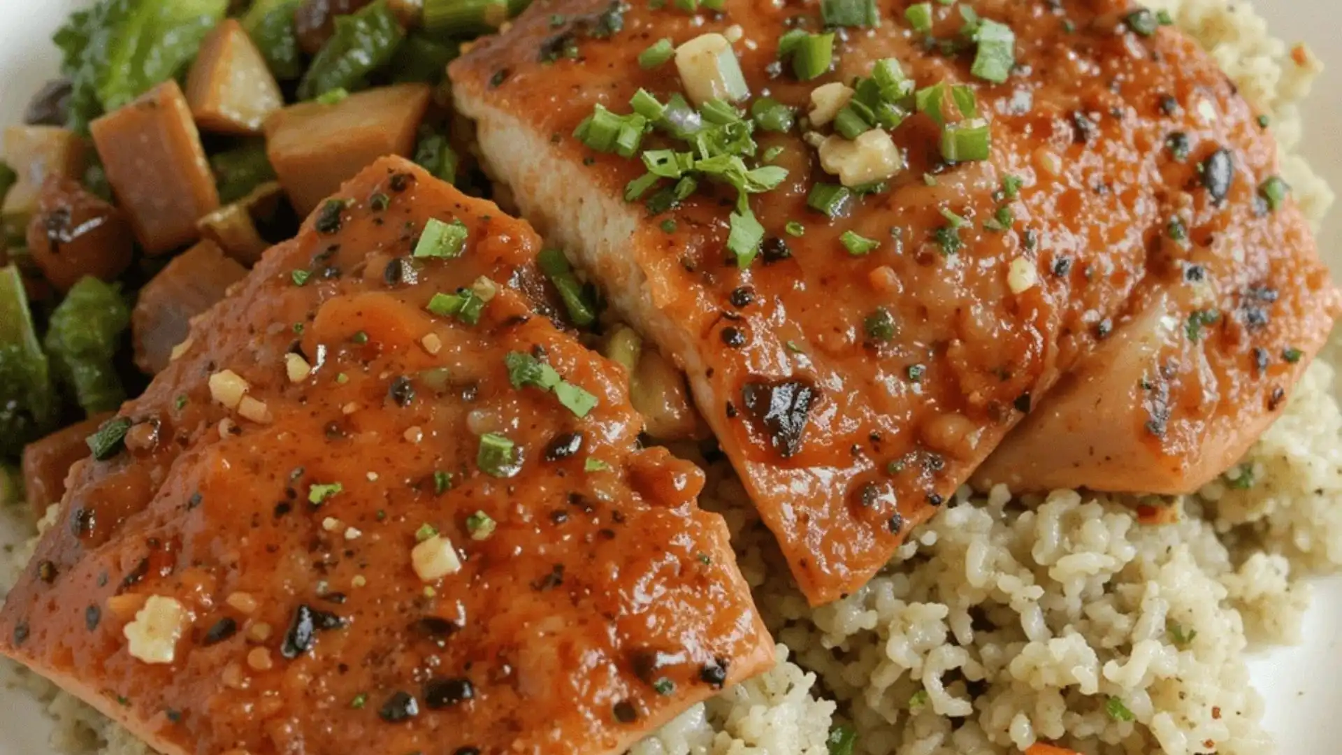Grilled salmon fillet with a flavorful sauce, served on a bed of couscous and accompanied by sautéed vegetables