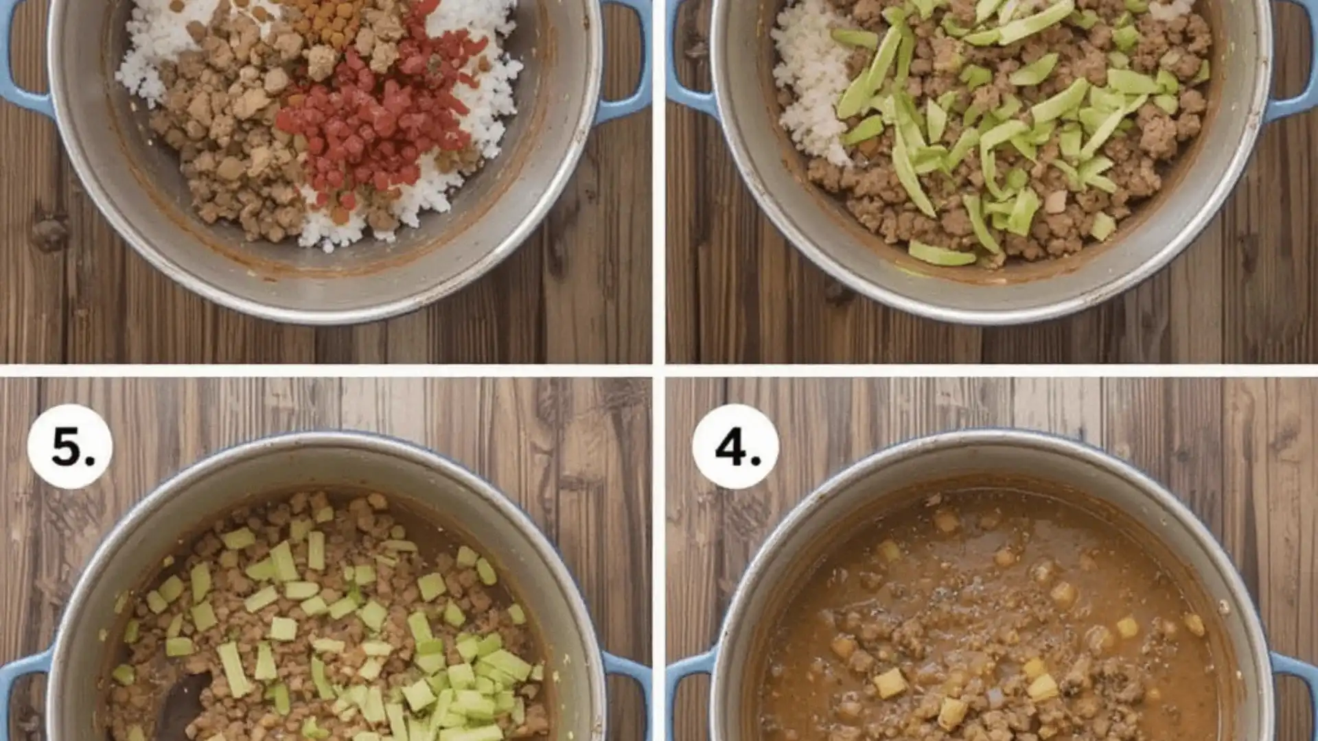 Four-step cooking process for taco soup frios with ground beef, showcasing ingredients like rice, diced tomatoes, zucchini, and seasoned ground beef simmered together in a pot.