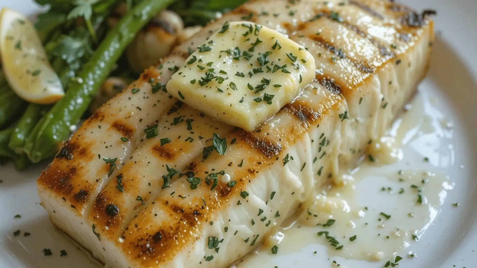 Grilled fish fillet with butter and herbs, served with green beans and lemon wedges