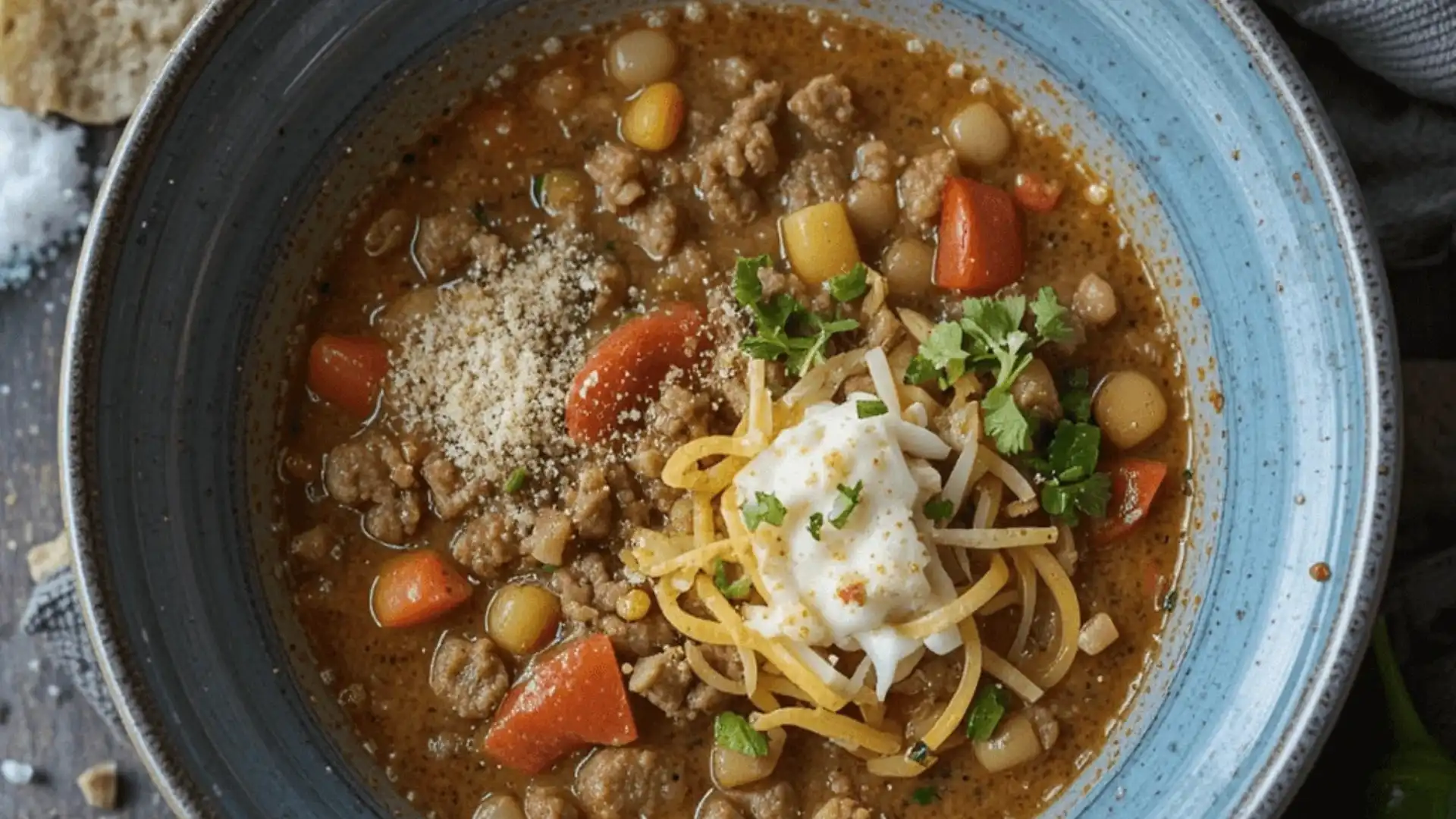A hearty bowl of taco soup frios with ground beef, chickpeas, and carrots, topped with shredded cheese, sour cream, and fresh cilantro, served alongside tortilla chips.