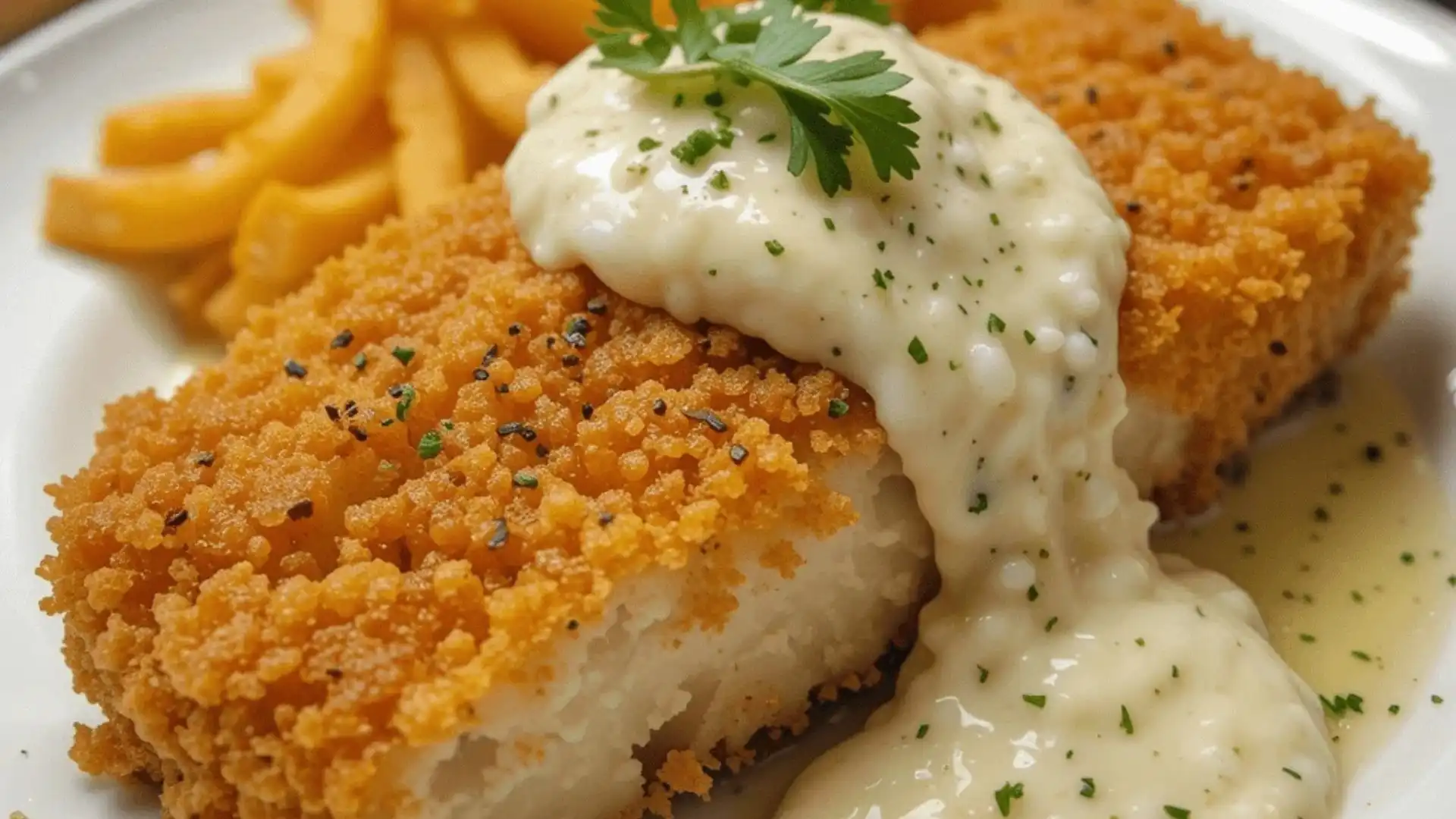 Golden-breaded fish fillet with creamy sauce, served with French fries and garnished with fresh parsley.