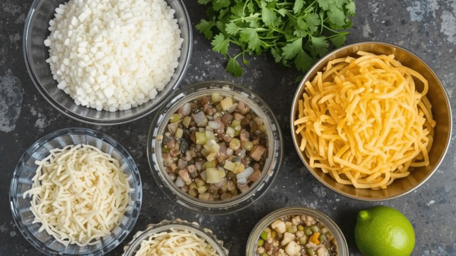 A flat lay of fresh taco soup ingredients, including shredded cheddar and mozzarella cheese, diced vegetables, cottage cheese, fresh cilantro, and a lime, neatly arranged in bowls.
