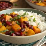 Bowl of rice served with squash and kidney beans stew, garnished with fresh herbs.