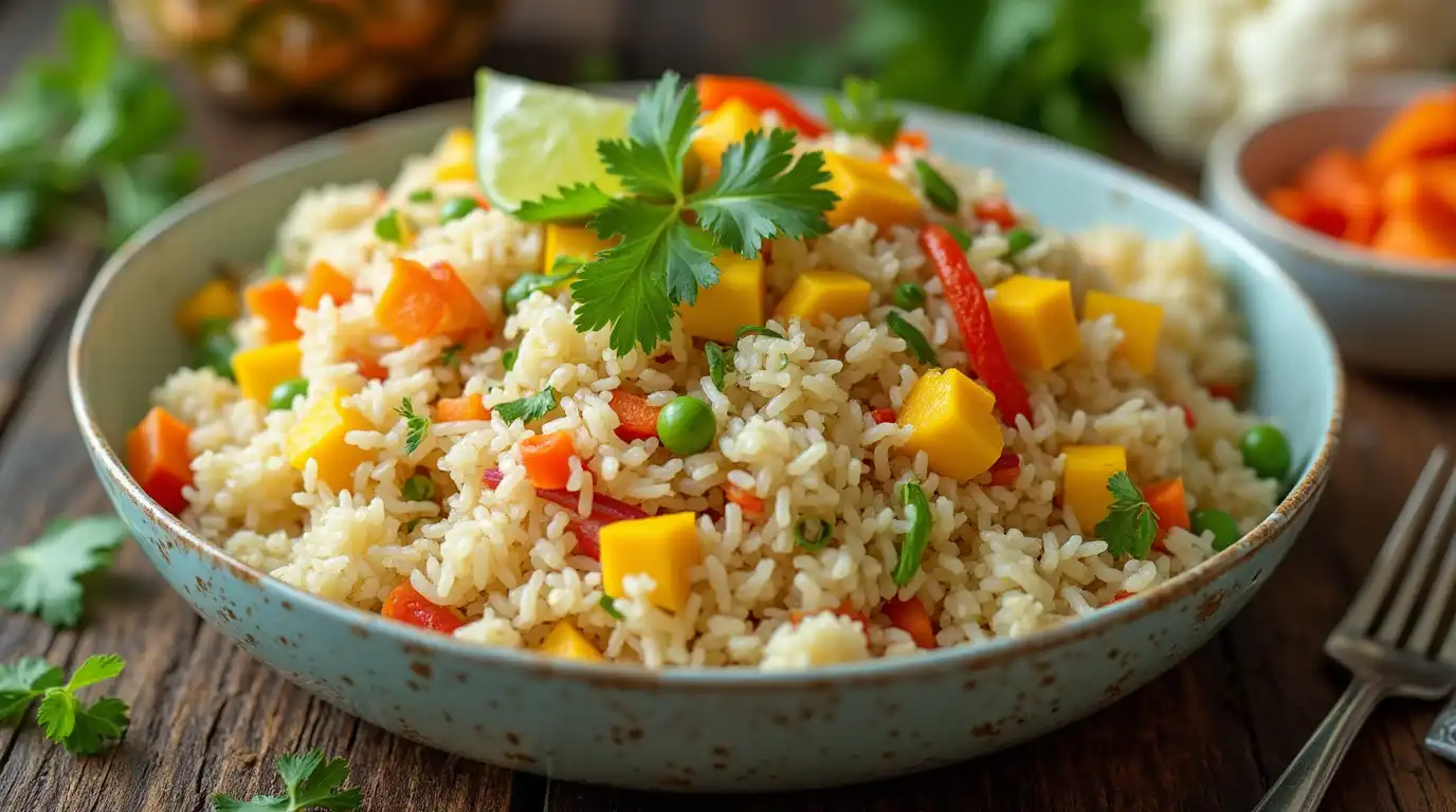 Healthy and colorful exotic rice hacks with mango, peas, carrots, red bell peppers, and cilantro, garnished with lime.