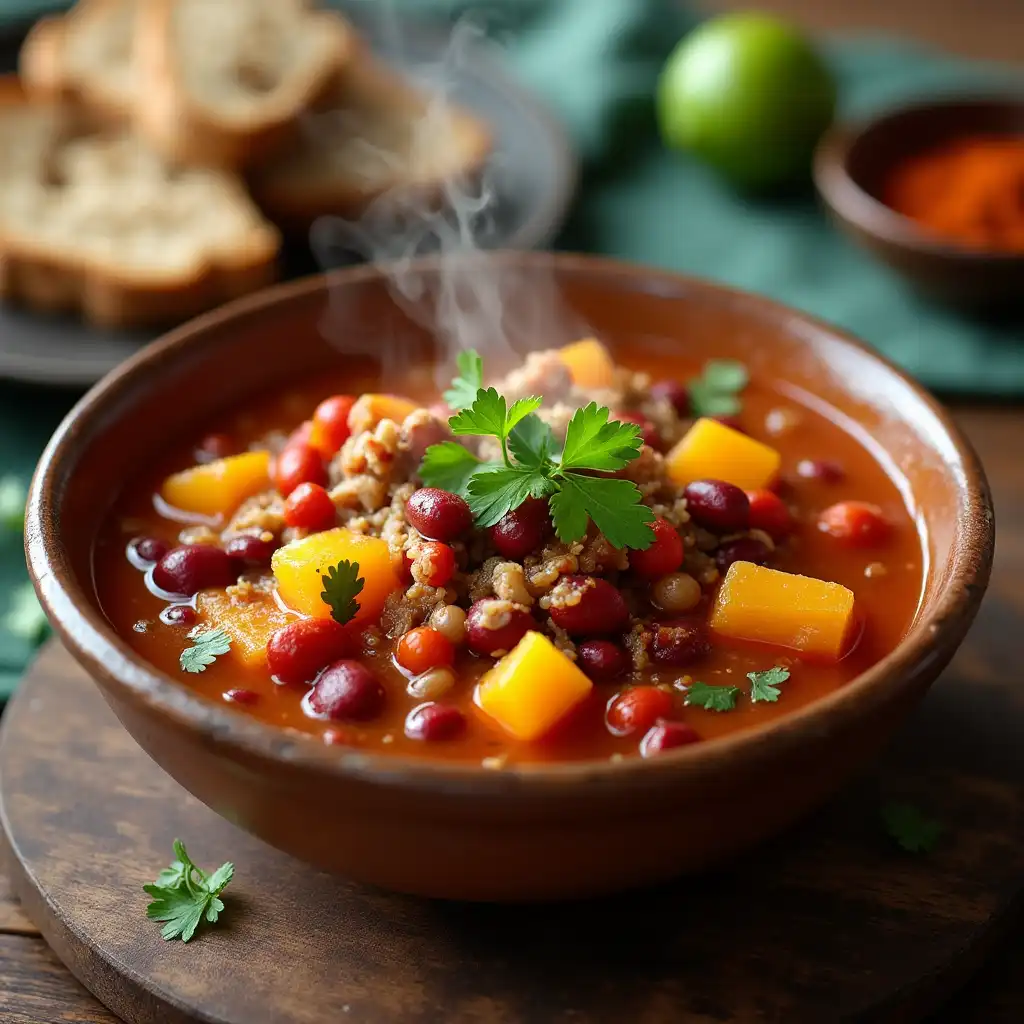 A steaming bowl of Squash and Kidney Beans Recipe, featuring tender butternut squash chunks, red kidney beans, and a rich tomato-based broth. Garnished with fresh parsley, this squash and kidney beans dish is served in a rustic brown bowl on a wooden table. Whole-grain bread, a lime, and a bowl of spices are visible in the background, enhancing the comforting and nutritious appeal of this healthy squash and kidney beans recipe.