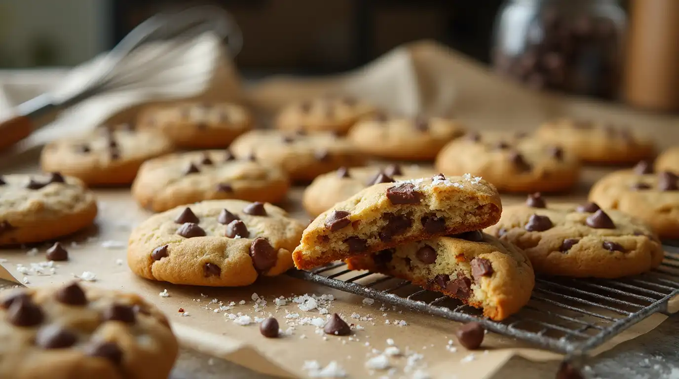 Butter, eggs, vanilla extract, flour, brown sugar, and chocolate chips arranged on a countertop for baking preparation.