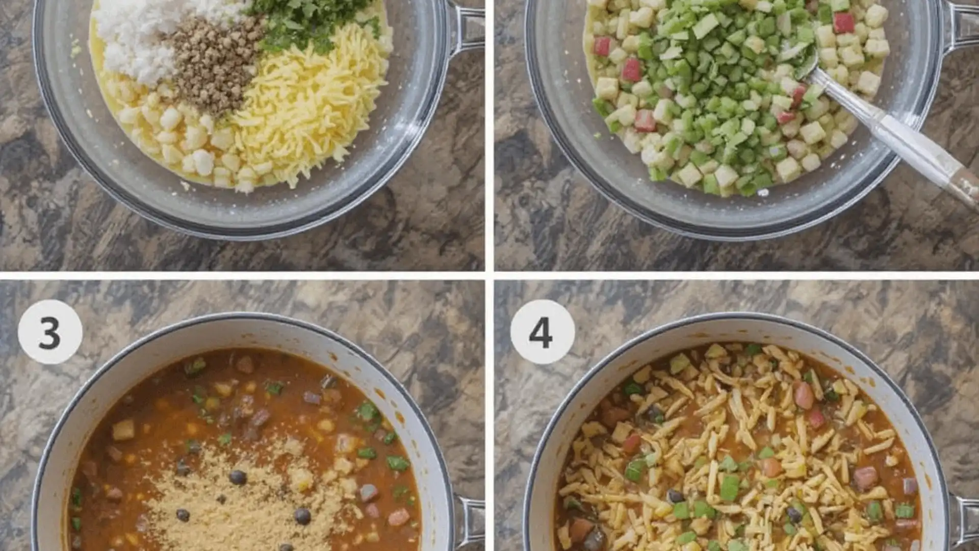 Step-by-step preparation of taco soup frios recipe: mixing cheese, cottage cheese, cilantro, and vegetables in a bowl, then cooking the mixture in a pot with spices and broth, topped with shredded cheese and herbs.