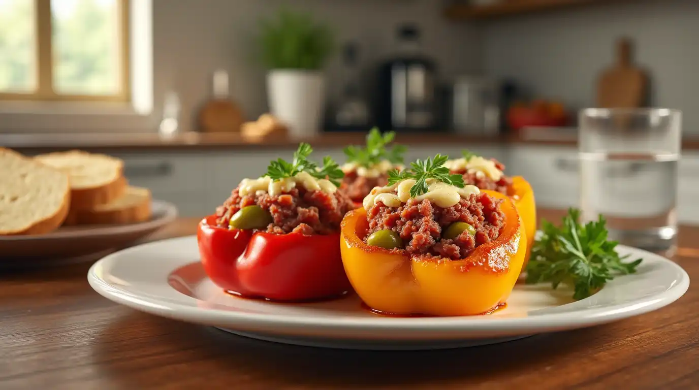 Red and yellow bell peppers stuffed with corned beef and topped with creamy sauce and parsley, served with a side of bread.