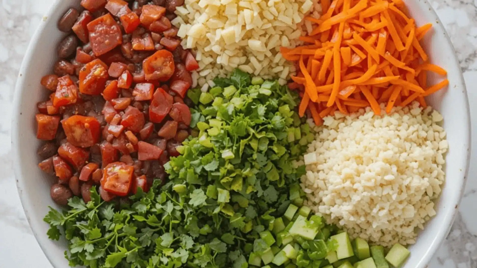 A large white bowl filled with fresh taco soup ingredients, including diced tomatoes, beans, chopped carrots, cauliflower rice, shredded cheese, cilantro, and cucumbers.