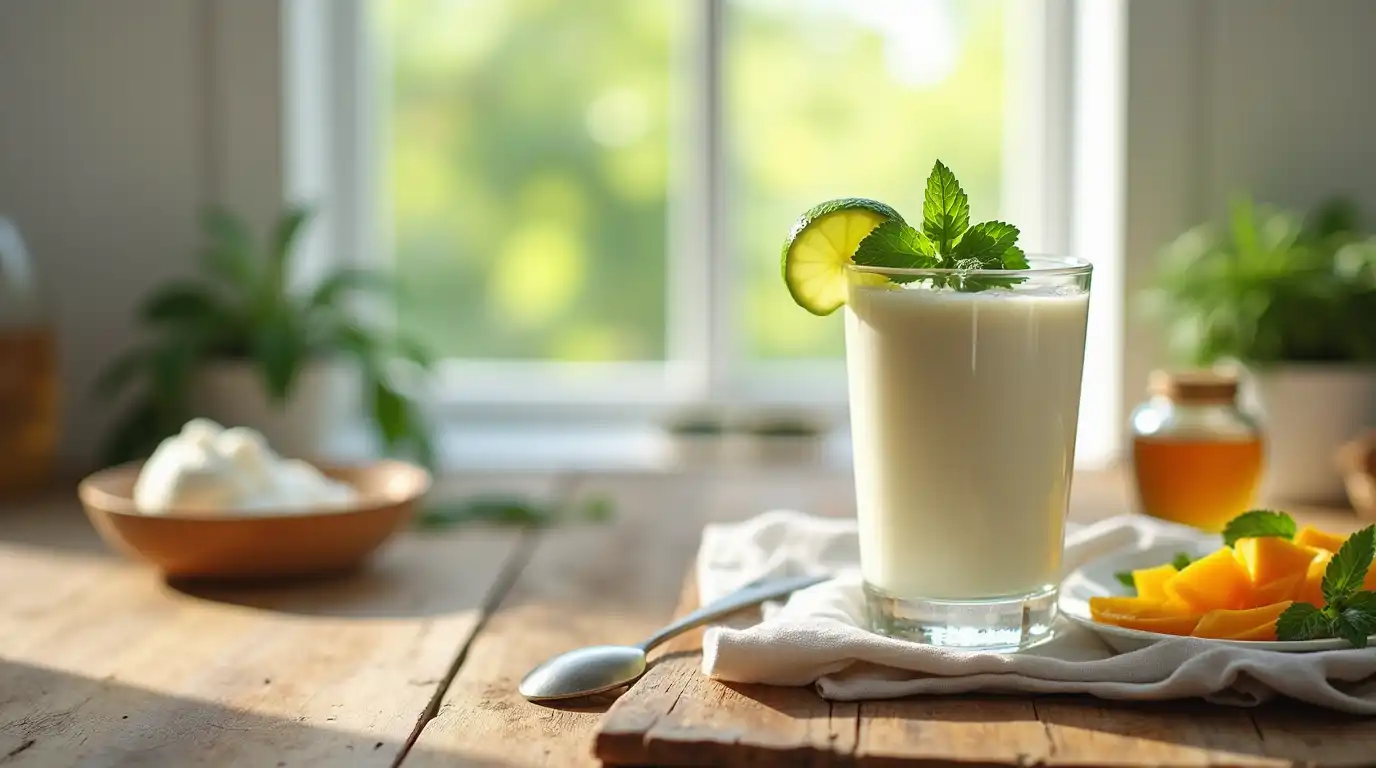 A refreshing cold yogurt drink in a clear glass, garnished with a lime slice and fresh mint leaves. The drink sits on a wooden table next to a plate of mango slices, with a bowl of yogurt in the background. Sunlight streams through a window, creating a bright, inviting atmosphere.