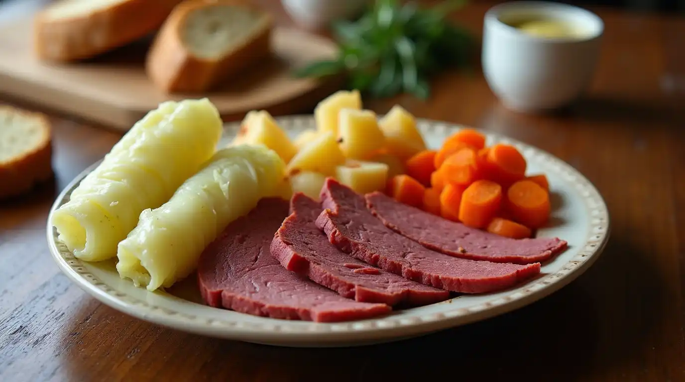 A plate of homemade corned beef slices served with tender cabbage rolls, boiled potatoes, and carrots, accompanied by sliced bread and mustard sauce on a rustic table.