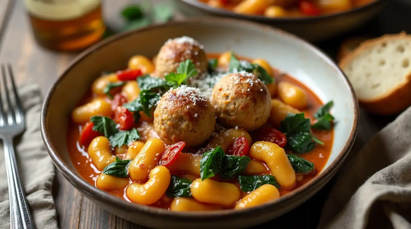 A bowl of slow cooker Tuscan chicken meatballs served in a creamy tomato-based sauce with gnocchi, fresh spinach, and garnished with parsley and parmesan cheese.