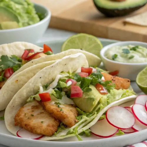 A plate of crispy fish tacos served on soft tortillas, topped with fresh lettuce, diced tomatoes, avocado slices, cilantro, and thinly sliced radishes. A side of creamy sauce and lime wedges accompany the dish.