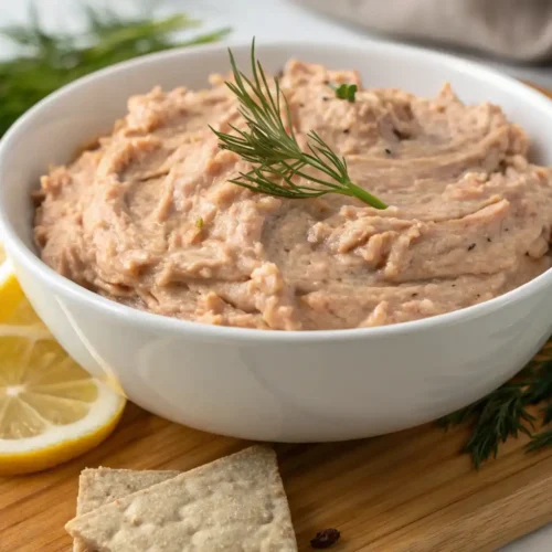 A creamy smoked tuna dip served in a white bowl, garnished with a sprig of dill and lemon slices. The dip is accompanied by crackers on a wooden cutting board.