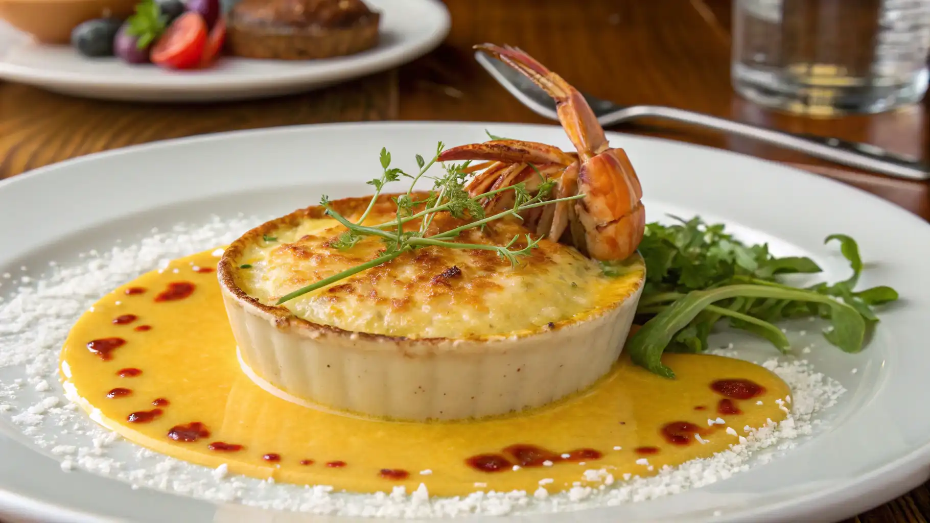 A gourmet crab brûlée served in a ramekin with a golden-browned crust, garnished with fresh herbs and a whole crab claw. The dish is presented on a plate with a creamy yellow sauce, red chili oil drops, and a side of fresh greens.