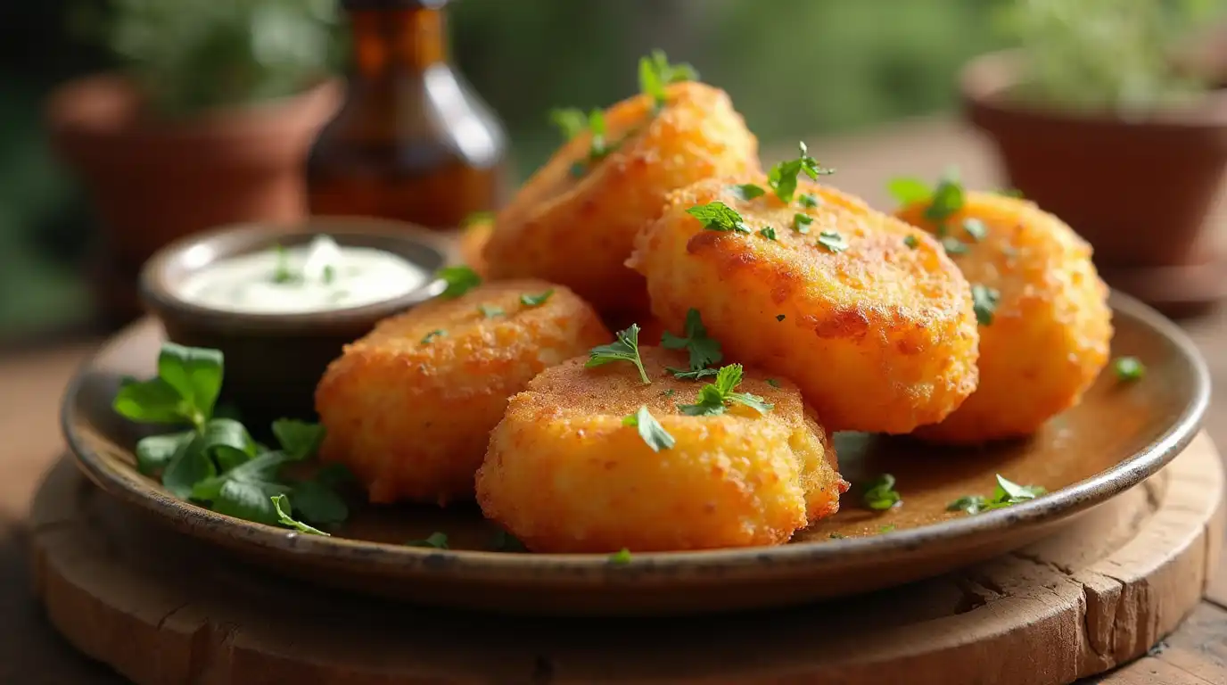 Golden, crispy Chilean Papas Rellenas served on a rustic plate with fresh herbs and a dipping sauce.