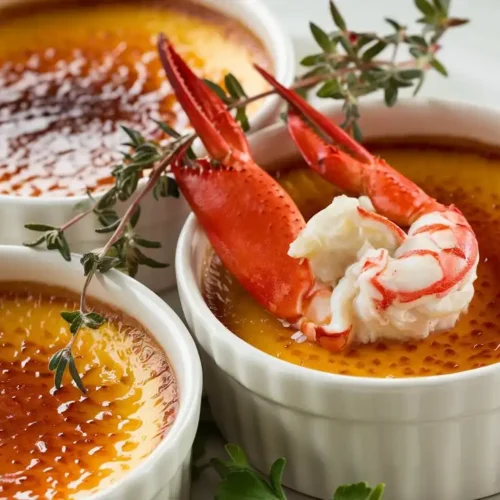 A close-up image of crabe brulee served in ramekins with caramelized sugar tops, topped with a lobster claw and fresh herbs like thyme and parsley.