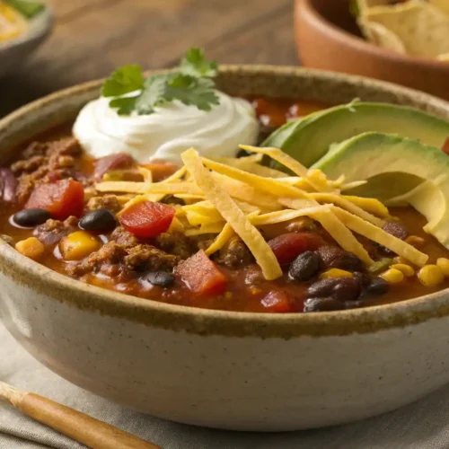 A bowl of taco soup frios topped with avocado slices, sour cream, cilantro, and crispy tortilla strips.