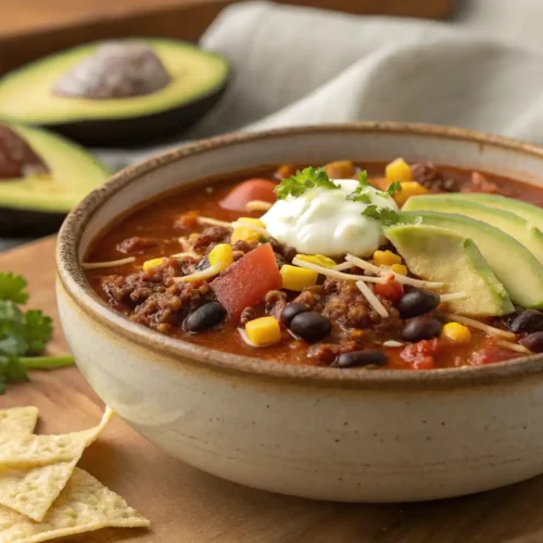 Bowl of taco soup frios with ground beef, topped with avocado slices, sour cream, shredded cheese, corn, and black beans, served with tortilla chips and fresh cilantro on a wooden board.