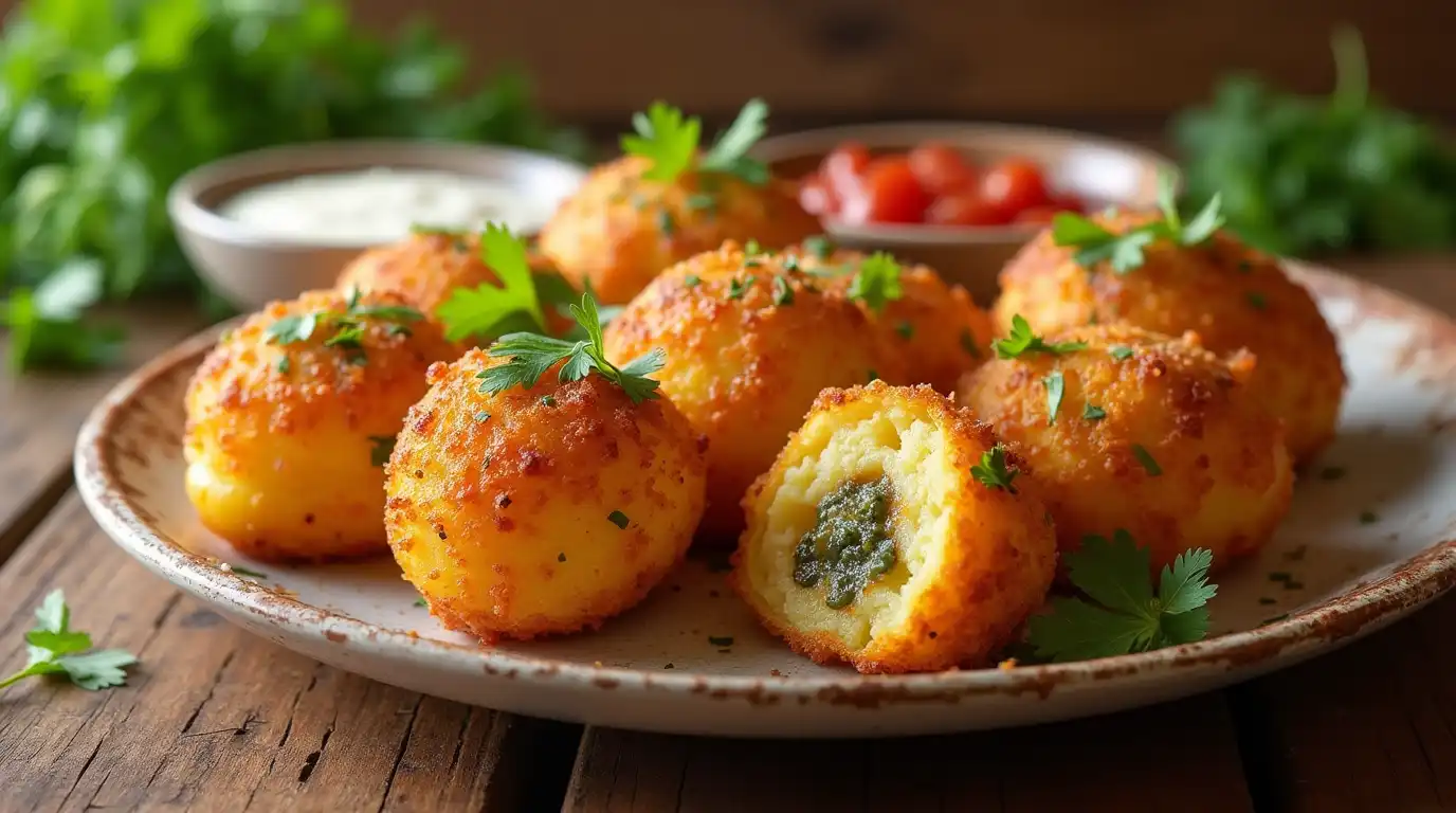 Golden-brown Vegetarian Papas Rellenas on a rustic plate, garnished with fresh parsley, with creamy dipping sauces and cherry tomatoes in the background.