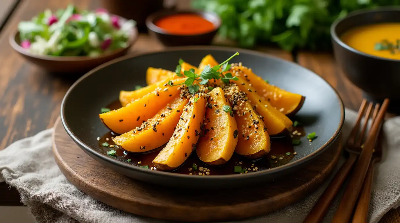 A plate of roasted kabocha squash wedges garnished with sesame seeds and fresh parsley, served with a soy-based sauce and chopsticks on the side.