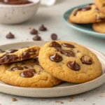 Close-up of freshly baked chocolate chip cookies on a ceramic plate, with one cookie broken in half to reveal a gooey chocolate center. Scattered chocolate chips and more cookies in the background.