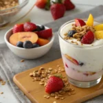 A glass of yogurt topped with fresh strawberries, blueberries, and peach slices, garnished with granola. A small bowl of mixed fruit and granola scattered on a wooden board.