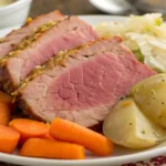 Sliced corned beef served with baby carrots, boiled potatoes, and steamed cabbage on a white plate.