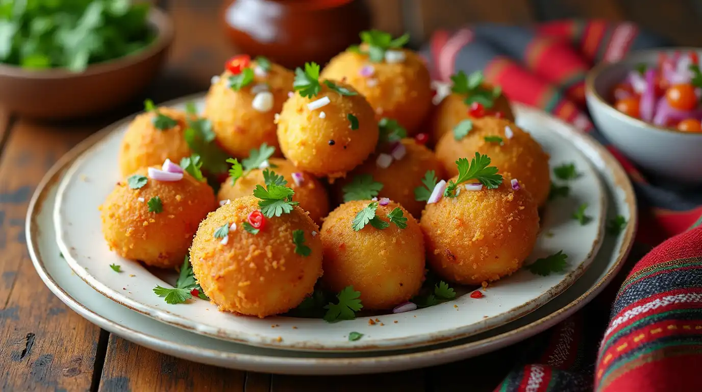 Plate of golden, crispy Papa Rellenas garnished with fresh cilantro and diced red chili, styled with vibrant Peruvian textiles and a bowl of salsa criolla in the background.