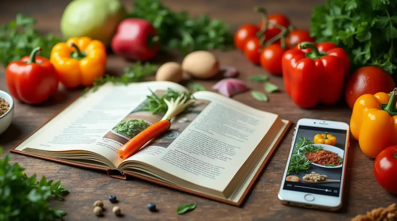 Rising Recipes featured in an open cookbook surrounded by fresh vegetables like bell peppers, tomatoes, and herbs, with a smartphone displaying a recipe nearby.