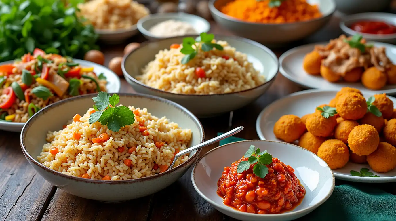 A variety of rice-based dishes, including fried rice, risotto, and rice-stuffed vegetables, showcasing creative rice hack recipes