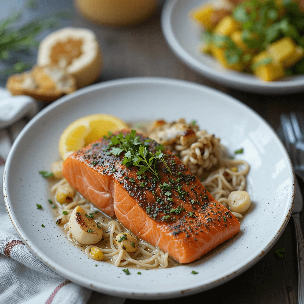 A delicious dinner plate featuring salmon fillet seasoned with herbs, served over noodles with roasted garlic, perfect for showcasing the best fish food recipes for dinner.