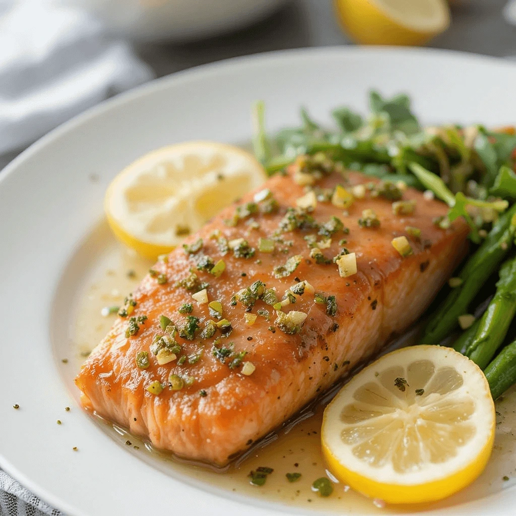 Grilled salmon fillet with lemon slices and a herb topping served with steamed vegetables