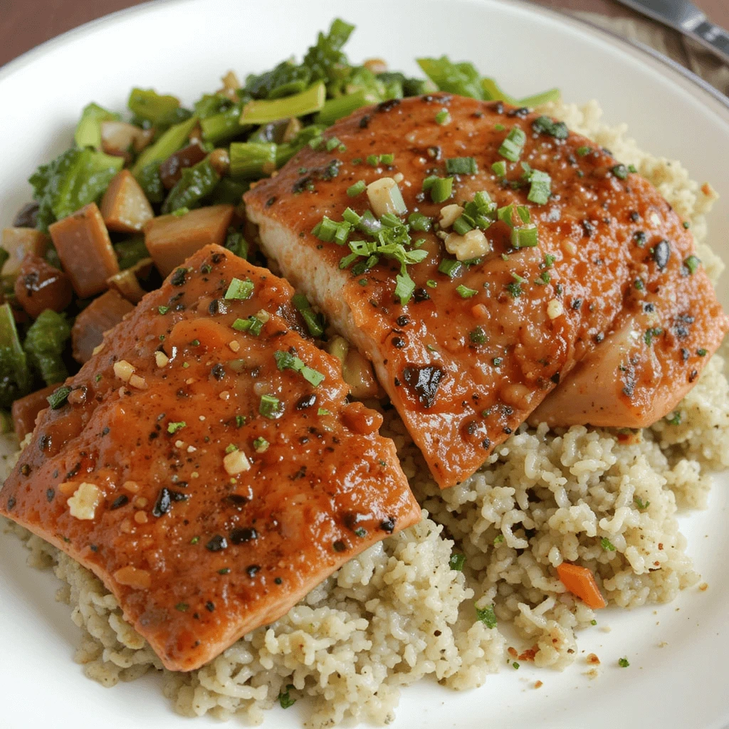 Grilled salmon fillet with a flavorful sauce, served on a bed of couscous and accompanied by sautéed vegetables