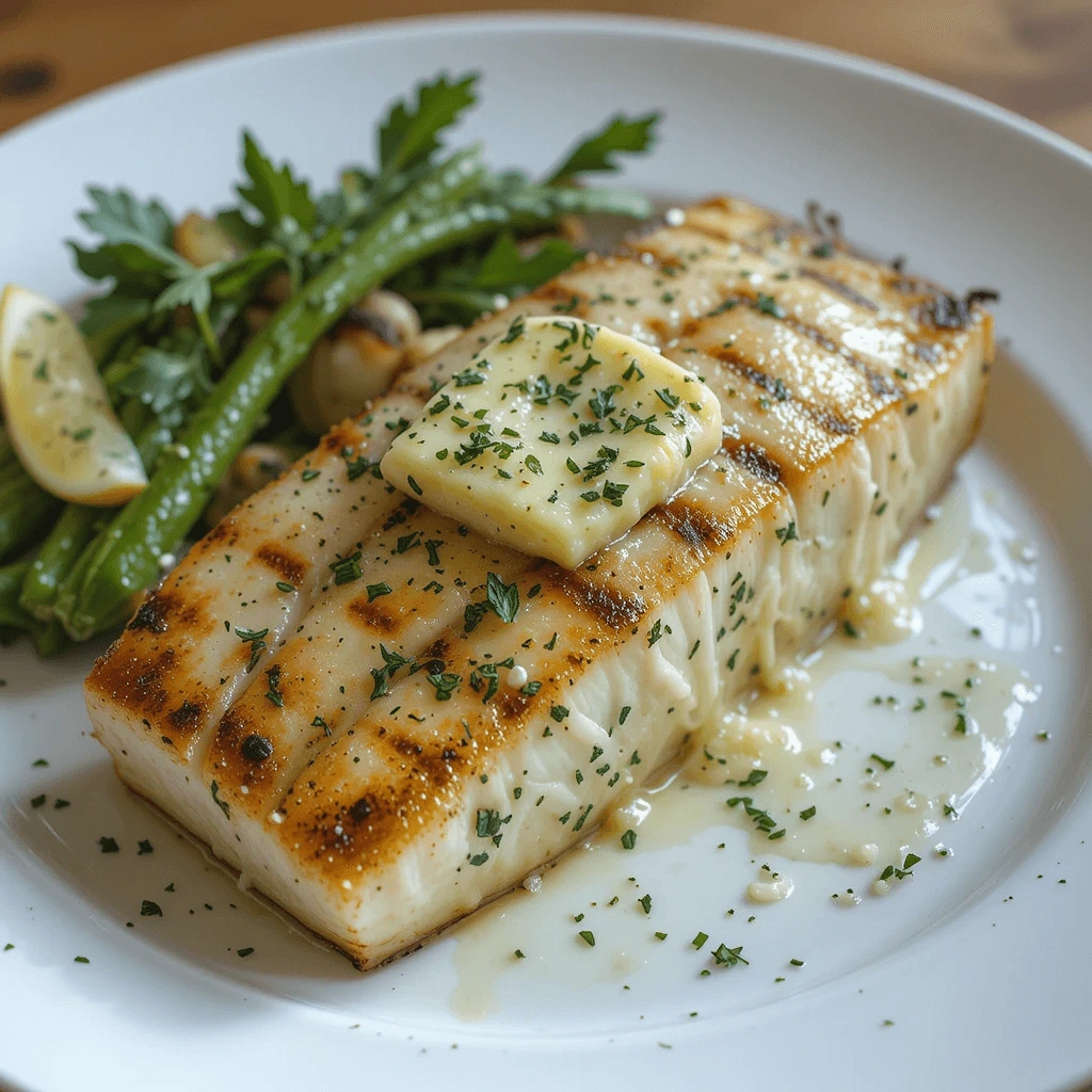 Grilled fish fillet with butter and herbs, served with green beans and lemon wedges