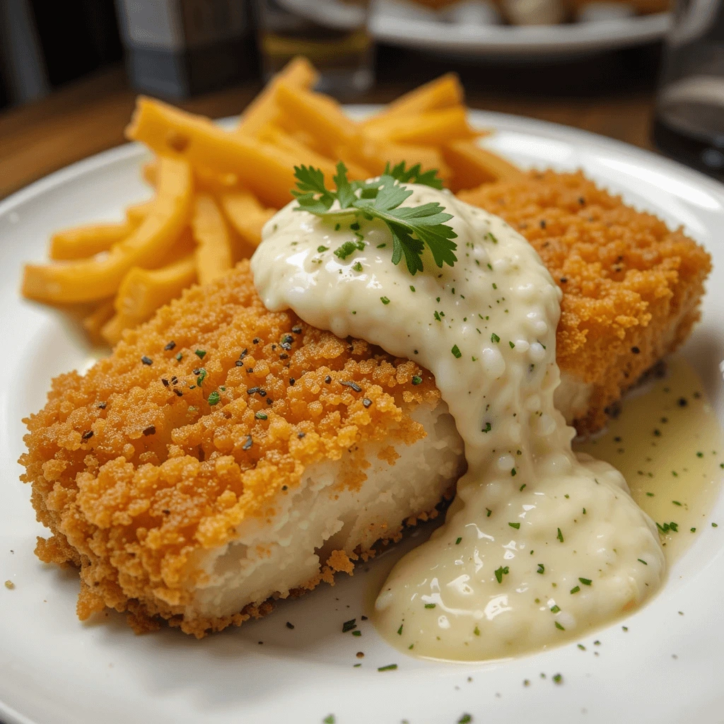 Golden-breaded fish fillet with creamy sauce, served with French fries and garnished with fresh parsley.