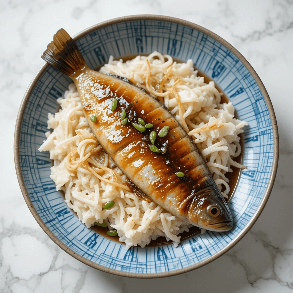 Steamed fish served with rice, drizzled with soy sauce and garnished with green seeds.