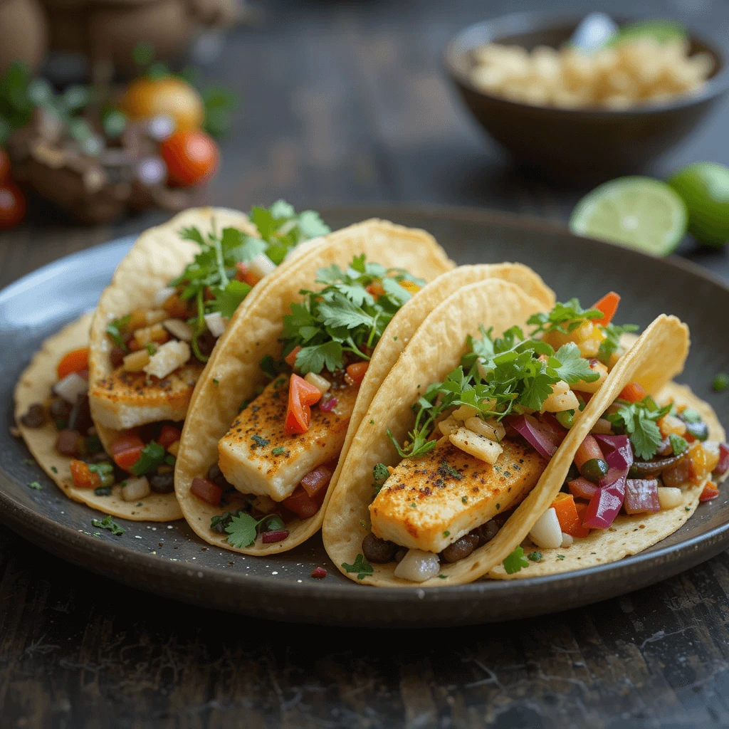 Grilled fish tacos with fresh salsa, cilantro, and vegetables in soft tortillas.