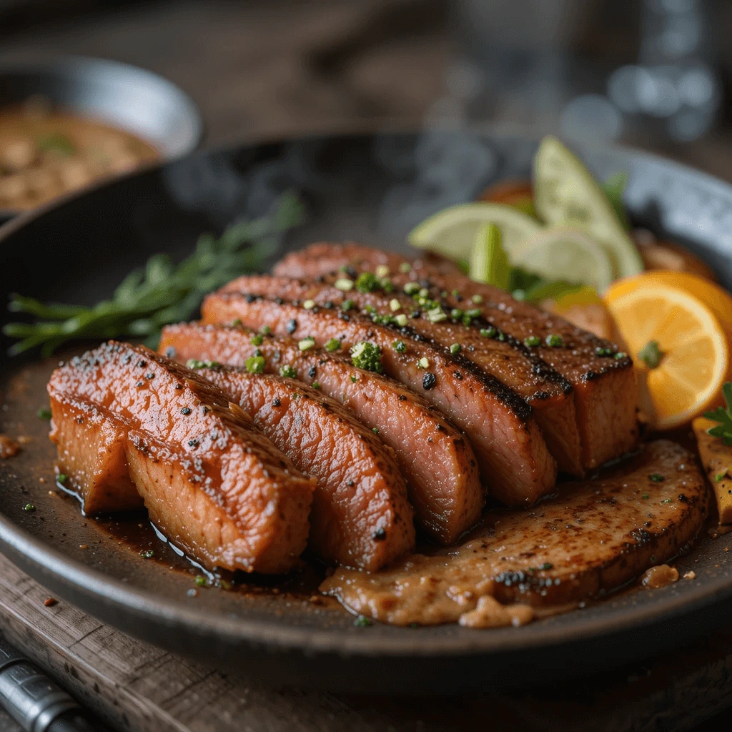 Sliced smoked tuna on a plate with lemon and herbs.