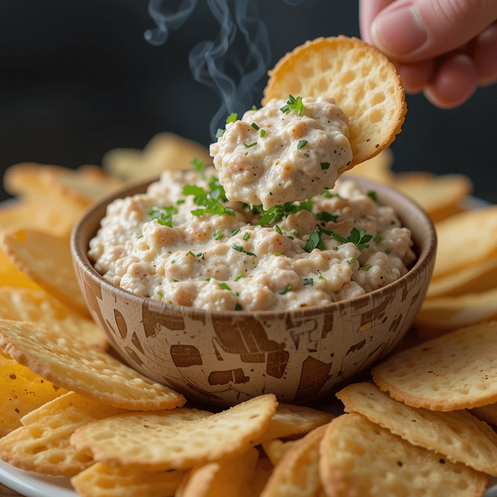  Tuna dip with crackers and parsley garnish